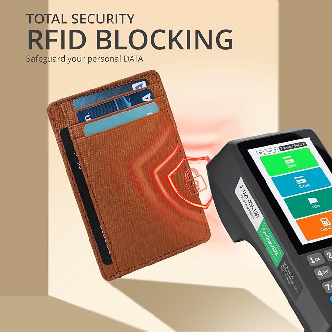 Real Leather Slim Minimalist Wallet for Men and Women -RFID Blocking Front Pocket Thin Credit Card Holder Stylish Wallets (Cognac)