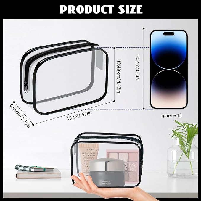 YedsIntu 16 Pieces Clear Cosmetic Bags PVC Clear Makeup Bags TSA Approved Toiletry Bag with Zipper Waterproof Vinyl Plastic Organizer Storage Transparent Pouch for Women and Men (Black, Small)