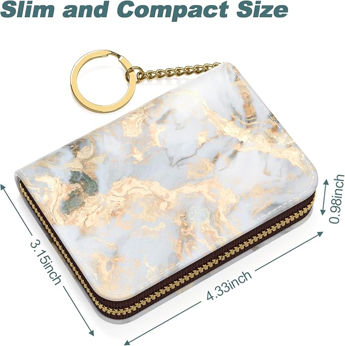 Nipichsha Women's Gray Gold Marble Leather Slim RFID Wallet, Compact Size, 12-Slot with Zipper and Keychain