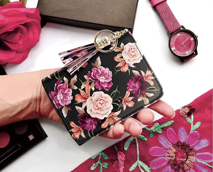 Coco Rossi Women's Flower Credit Card Wallet ID Card Case Floral Cute Accordion Card Holder for Women with Keychan, Black Flower