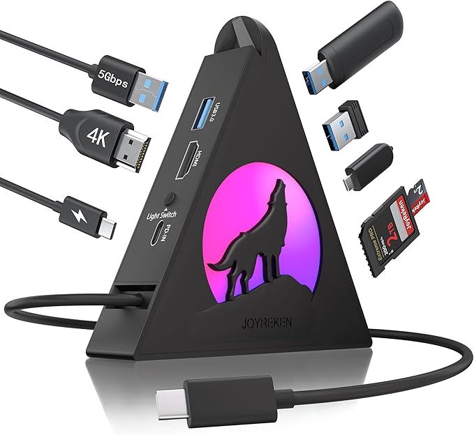 Vertical USB C Hub, 8-in-1 MacBook Adapter with 4K, PD100W Pass-Through Charging, 5Gbps 3xUSB-A, USB-C 3.0, SD/TF Card Reader, RGB Wolf Type-C Hub Tower for MacBook, iPad, iPhone17, etc.