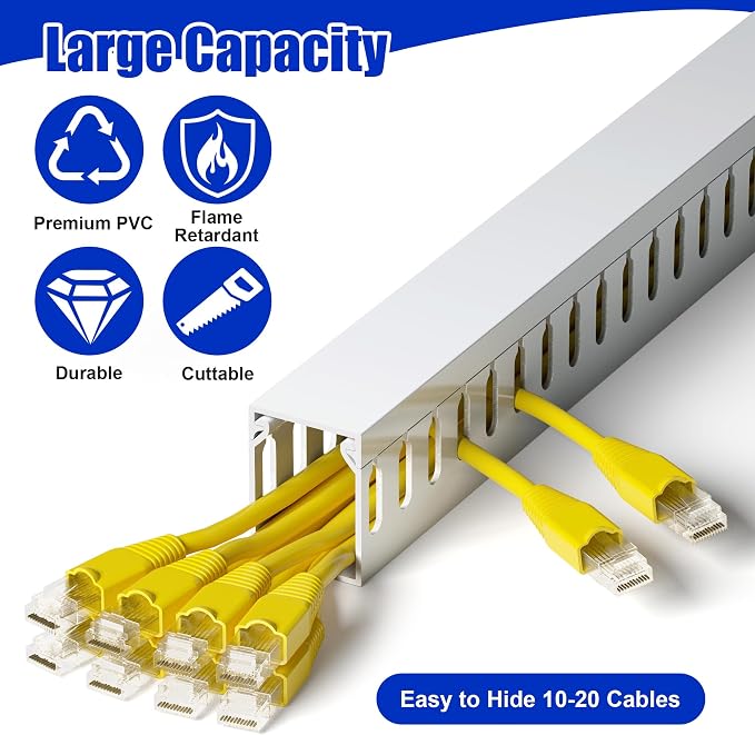 ZhiYo H1.6in W1.2in Professional Server Rack Cable Management Raceway, 6ft (2 x L3ft) Cable Raceway Kit, Electrically Safe PVC Open Slot Wire Raceway for Under Desk/Computer/Network Cords, White