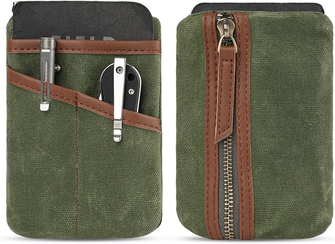 SAYRAM SP9 Pocket Organizer, Waxed Canvas EDC Pouch, Zipper Pocket Organizer Pouch for Men, Slim EDC Organizer for Coins, Notebook, Multitool, Tactical Pen