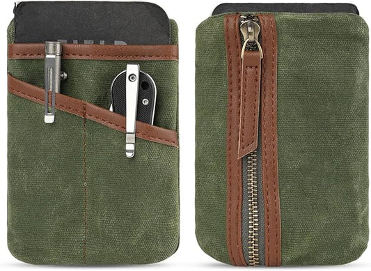 SAYRAM SP9 Pocket Organizer, Waxed Canvas EDC Pouch, Zipper Pocket Organizer Pouch for Men, Slim EDC Organizer for Coins, Notebook, Multitool, Tactical Pen