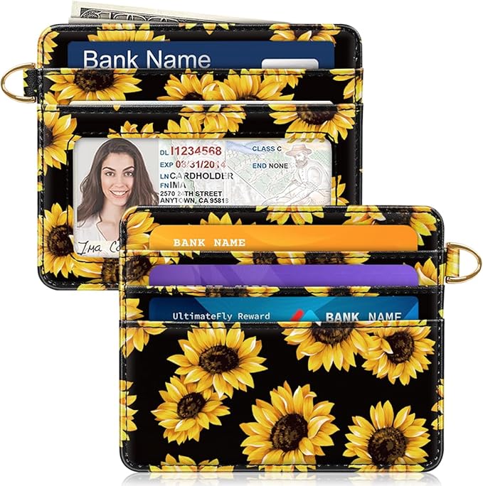 Slim Minimalist Pocket Credit Card Holder Wallet RFID Blocking Lightweight Thin Small Cute Card Cases,Sunflowers