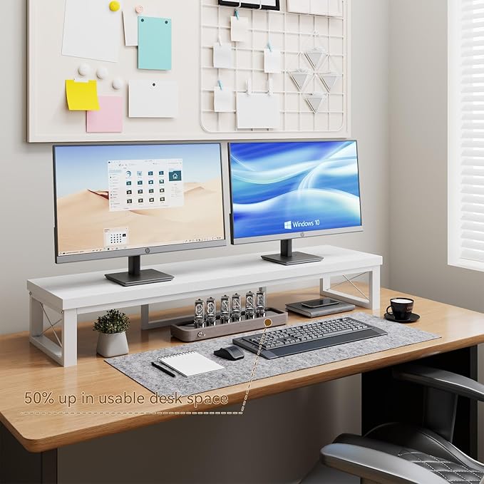 IBUYKE Large Dual Monitor Stand Riser for 2 Monitors, Wooden Desktop Computer Monitor Stand Storage Shelf and Steel Legs,Dual Screen Office Desk,Monitor Riser for Computer, Printer,Laptop,TV,White UTDJ002W