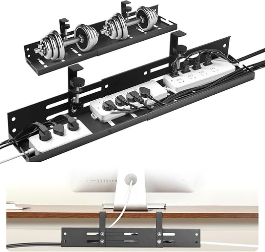 No Drill Under Desk Cable Management Tray, 17”-30” Retractable Cord Organizer for Table, Clamp Mount Wire Basket, Power Strip Holder & Metal Cord Organizer for Office, Home