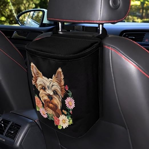 Talayituse Yorkshire Daisy Print Car Trash Bin, Large Size Auto Trash Can Adjustable Portable Garbage Can with Lid, Vehicle Hanging Bag for Headrest Front Back Seat