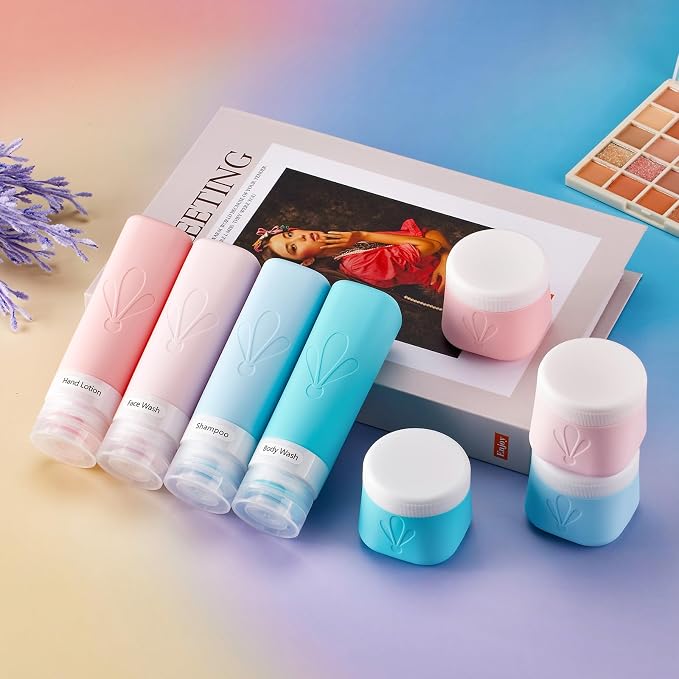 INSFIT travel bottles for toiletries 8 Pack, Leak proof Travel Size Toiletries Containers with toiletry bag, Squeezable Silicone Bottles & Cream Jars, Travel Essentials BPA-Free kit for Shampoo