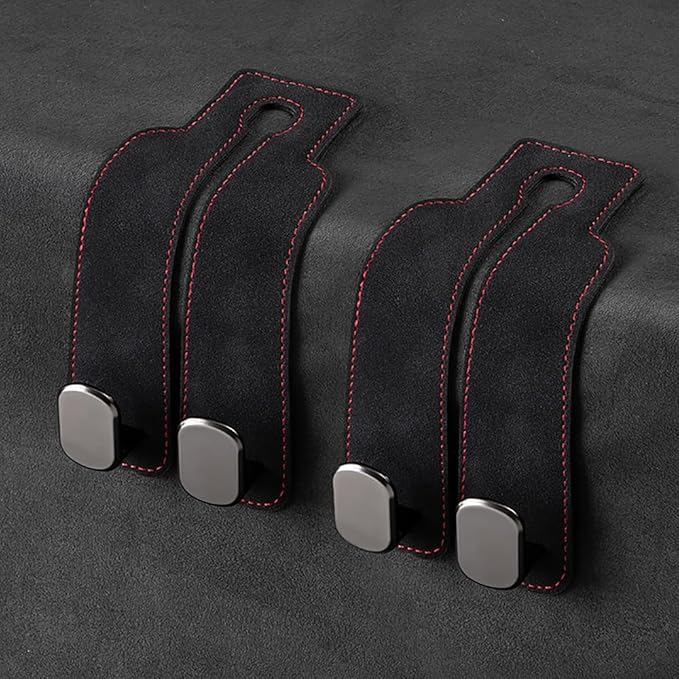 KINIVA Car Seat Headrest Storage Hooks, Set of 2, Suede PU Leather, Double Hooks (Black)