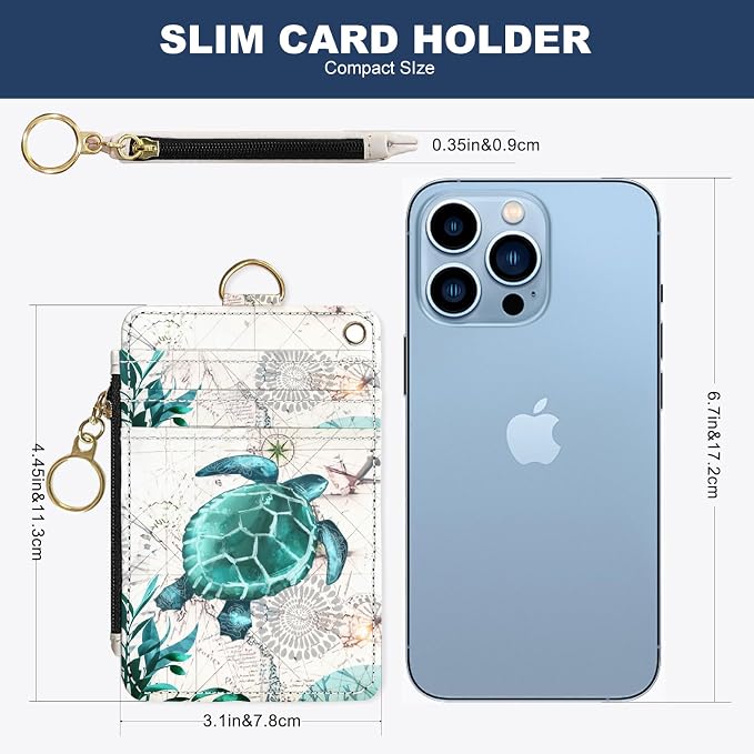 Slim Wallet Credit Card Holder, Map TurtleX, RFID Wallet Women Cute Small Front Pocket Wallet With Zipper, PU Leather Thin travel RFID Blocking Card Case ID Window,Ladies Gifts