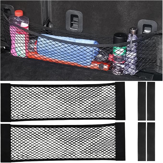 AUCELI Car Mesh Cargo Net, 2PCS 9.8 x 31.5in Elastic Vehicle Storage Mesh Pocket with Adhesive Tape, Automotive Trunk Net Wall Sticker Pouch Bag Accessories, Universal for Truck RV SUV