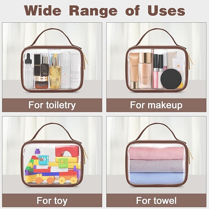 Wedama TSA Approved Toiletry Bag, 2 Pack Clear Makeup Bags with Handles, Quart Size PVC Clear Cosmetic Bags for Women and Men, Carry on Airport Airline Compliant Bag, Brown