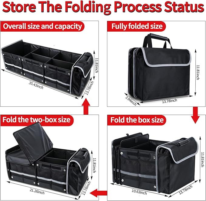 Car Trunk Organizer with Cooler Bag, Collapsible Multi-Compartment Car Organizer for SUV, Truck, Durable Car Storage Organizer for Groceries, Camping, Christmas Gifts (Black)