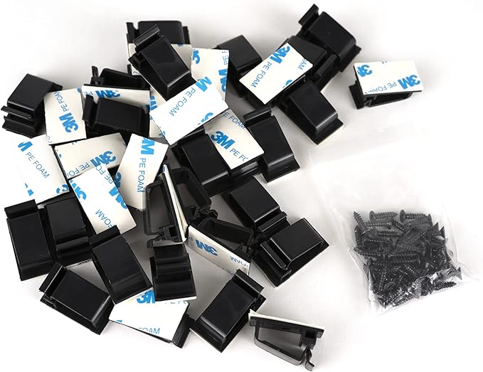 Cable Clips Black with 3M Adhesive, Multipurpose Small Wire Clamps for Cable Management and Cable Runs - 50 Pack Black Bundled with 10 Reusable Cable Ties, Screws Included for Permanent Mounting