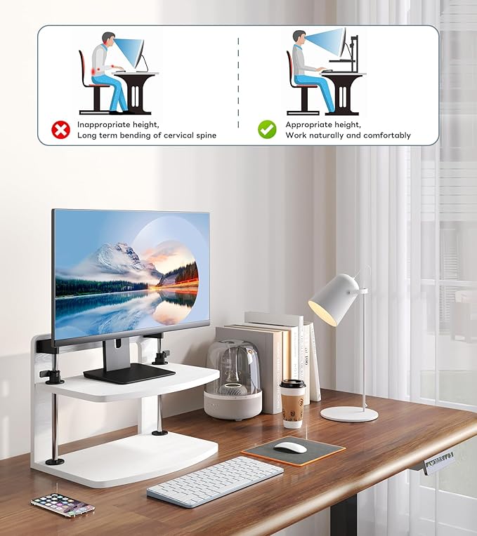 Computer Monitor Stand Riser for Reduced Neck Strain, Adjustable Height Desk Shelf Organizer Monitor Riser Stand for PC Monitor - Not for Laptop - Withe - Wood Grain, MR01-M