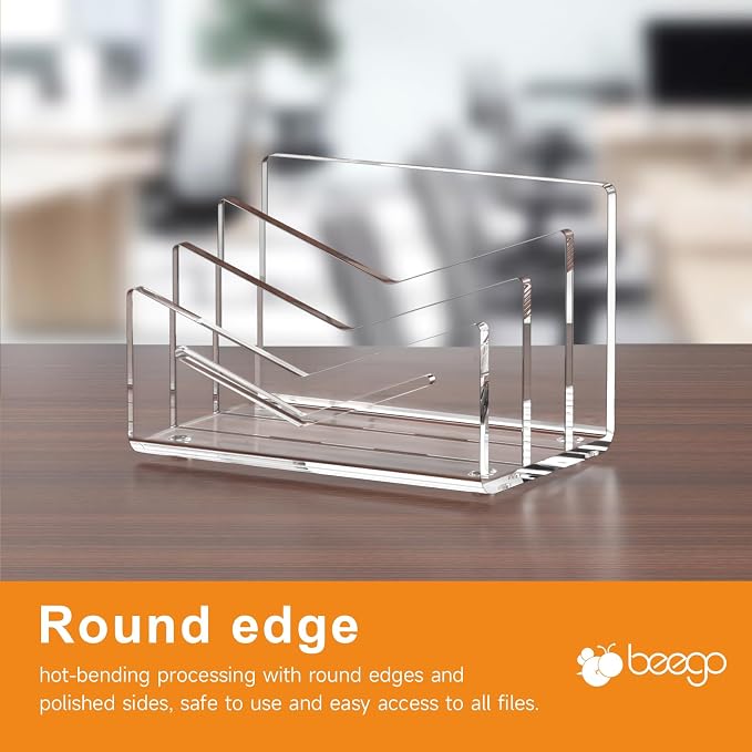 Beego Envelope and Mail Organizer Countertop - 3 Compartments Clear Acrylic Desk Organizer Letter Holder Desktop File Sorter Bill Document Folder Rack for Office, Home, School Desk Organization