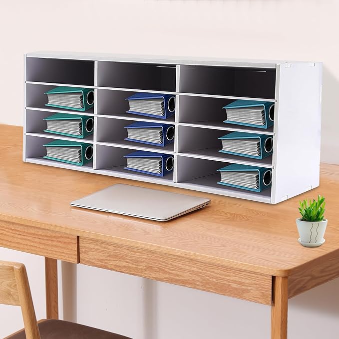 12-Slot Desktop Organizer, Minimalist Design Mailbox, File Sorter w/Top Platform for Hold Cables/Files/Keys, Desktop Bill Paper Organizer for Office & Home(White, 12 Slot, Style 2)