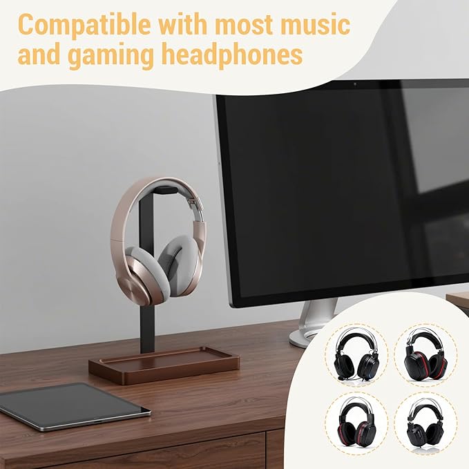 Walnut Wood Headset Holder, Desktop Headphone Stand, Universal Headphone Holder with Storage Base for Gaming, Music Headsets(Dark Brown)