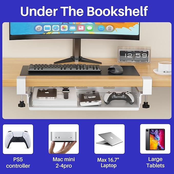 BYMECOST No Drill Under Desk Storage Shelf, Metal Under Desk Drawer Organizer with Clamp, Mount Under Desk Shelf Adds Tray, Desk Drawer for Office Desks, Table, Gaming Desk, Workstations (White)