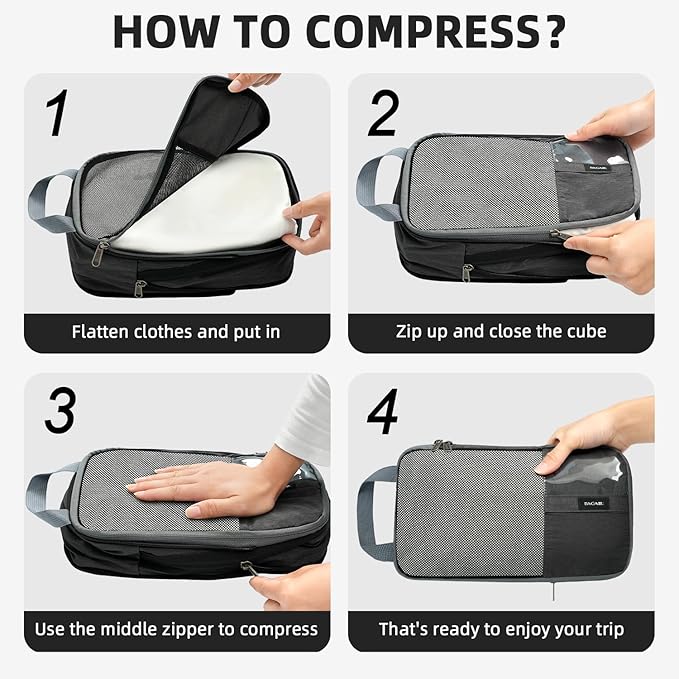 BAGAIL 6 Set Lightweight Compression Packing Cubes with Packing List, Anti-Tearing Expandable Organizer Bags for Travel, Dark Grey