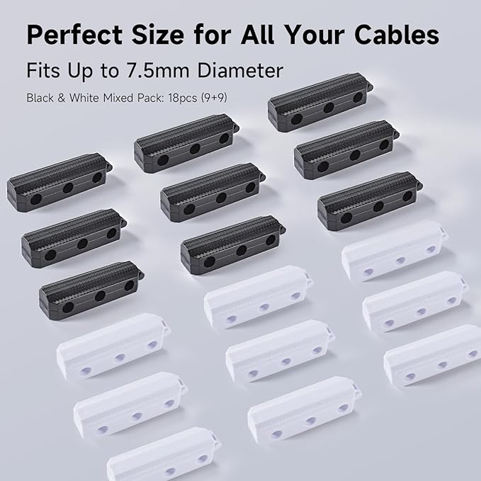 18p Magnetic Cable Clips Cord Organizer – Nonazippy 3-Slot Wire Holder for Desk, Strong Adhesive Cable Management for Home Office, Car, Nightstand – Black & White Mixed