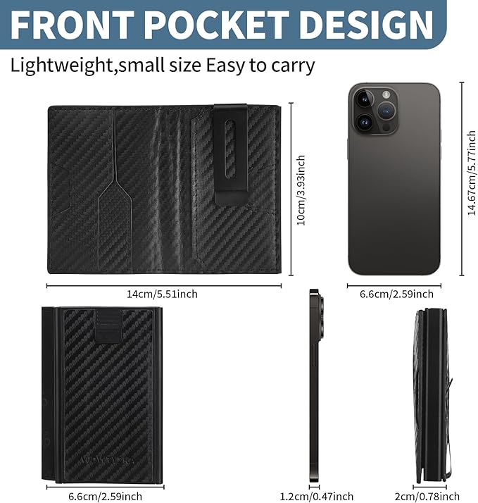 Mens slim Wallet，with RFID Shielding, Holds 9 Cards Easily, card wallet for Men, Minimalist Wallet For Men, Made of aluminum and Pu Synthetic Leather, Includes Cash clip (Carbon Black)