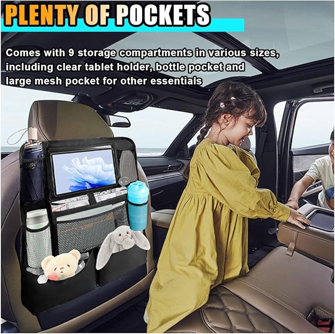 2PCS Car Backseat Organizer, Automotive Kick Mats Back Seat Protector for Kids, Vehicle Storage Organizer with 9 Pockets & Touch Screen Tablet Holder, Auto Travel Accessories for Truck SUV (Black)