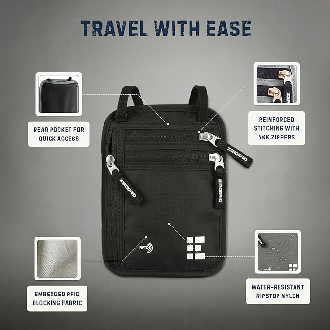 Neck Wallet for Travel & Passport Holder with RFID Blocking - Slim & Easy to Conceal Nylon Travel Pouch for men & women - Holds Phone, Cash, Cards, Keys - Sweat & Water Resistant - Large - Black
