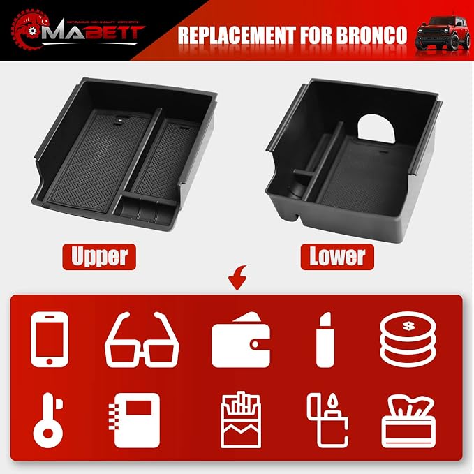 Mabett Console Organizer Tray for Bronco Accessories, Armrest Storage Box fit Bronco 2021-2024 2/4-Door (Not Fits 2025 2026) with Non-Slip Mat Black