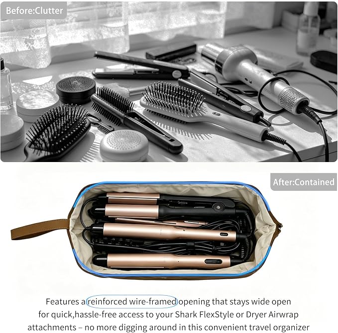 Stratalife Quilted Hair Tools Travel Bag with Polishing Cloth Compatible with Dyson Airwrap Shark Flex Style, Portable Toiletry Bag Hair Dryer Curling Iron Carrying Case Caramel Bow