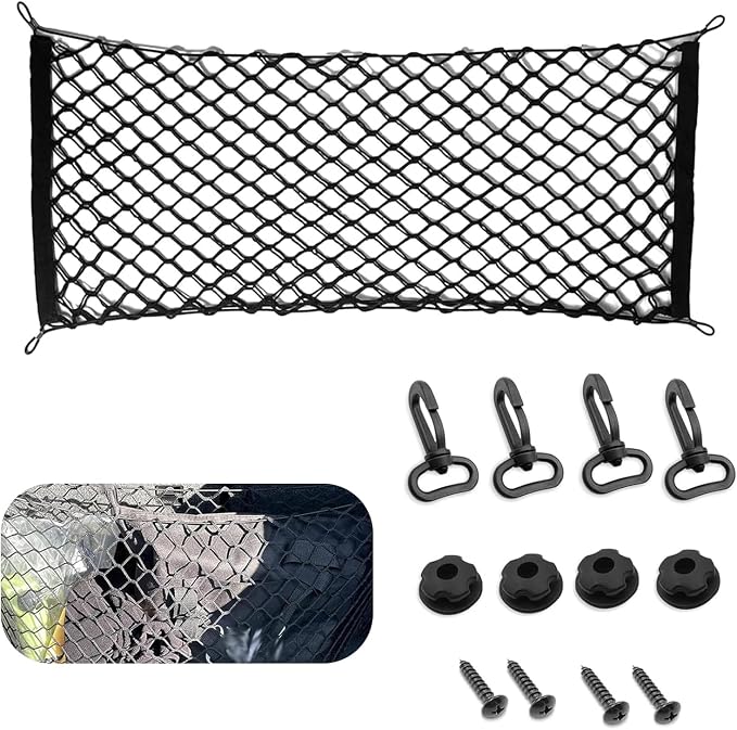 Car Cargo Net, Heavy Duty Elastic Trunk Organizer Net with Hooks 43.31" x 15.75" Double Layer, Universal for SUV Van Sedan (Black)