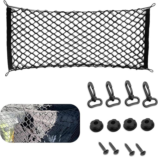 Car Cargo Net, Heavy Duty Elastic Trunk Organizer Net with Hooks 43.31" x 15.75" Double Layer, Universal for SUV Van Sedan (Black)