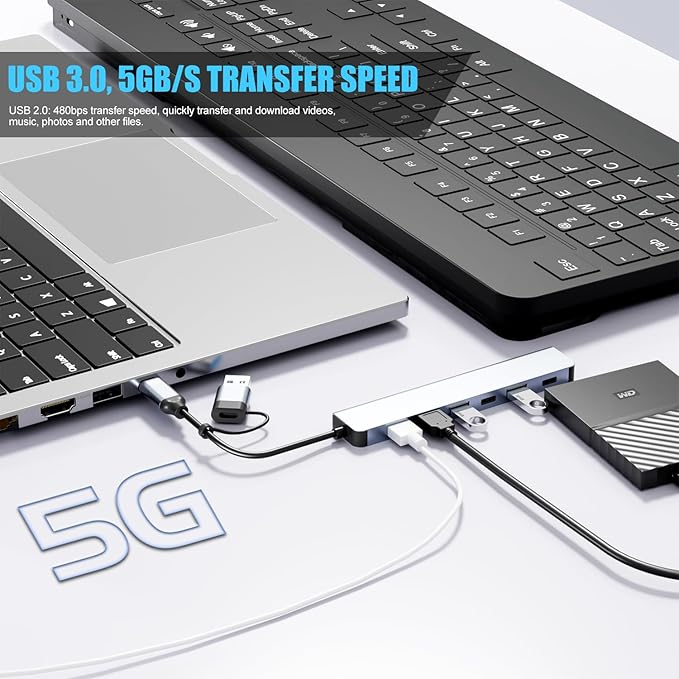【Upgrade】 USB C/USB Hub, BERLAT Aluminum 7 in 1 USB C & USB Hub with USB 3.0, USB 2.0 Ports for PC/Laptops/MacBook Pro/Air/iMac/iPad and More Devices