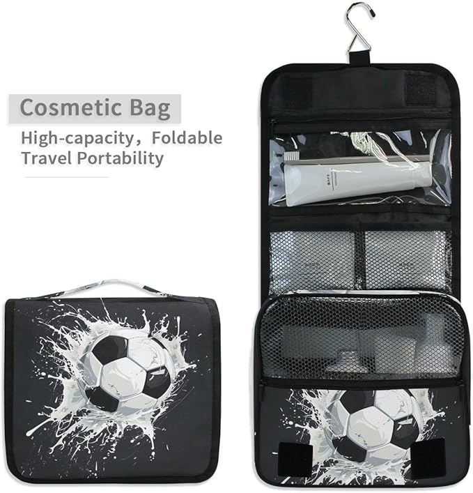 Hanging Travel Toiletry Bag Kit Boys Makeup Case Cosmetics Organizer for Men Women (Soccer Ball)