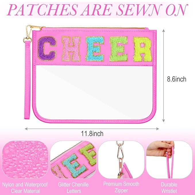 Abbylike 1 Pcs Cheer Bags Chenille Letter Zipper Pouch Waterproof PVC Large Bag for Travel Makeup Cosmetic Storage Organizer for Mom Team Cheerleaders Teacher(Pink)