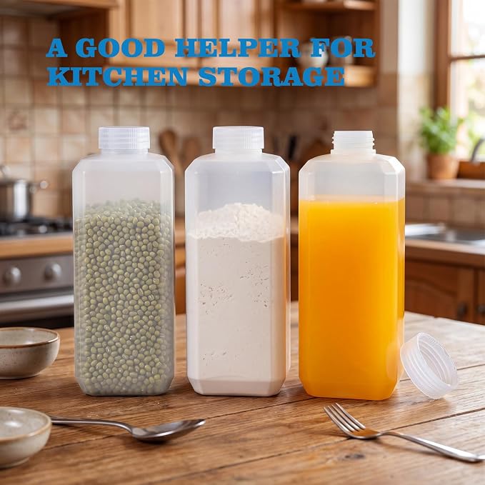 DEMORA 18oz Small Square Plastic Travel Bottles, Reusable Leak Proof Liquid Containers with Caps and Stickers for Pill, Water, Juice (Translucent, 3 Pcs)