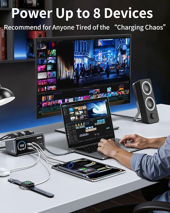 MOKiN 8-in-1 Charging Station 100W GaN, Desktop Charging Station with 3 USB-C, 2 USB-A, 3 AC, 3ft Retractable Cable Charger Station for iPhone 17/16,MacBook Pro, Laptop etc.