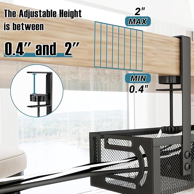 No Drill Under Desk Cable Management Tray, SONATURE 25.3" Cord Organizer for Table, Clamp Mount Desk Cable Management, Premium Carbon Steel Cable Organizer for Office, Home (Black)