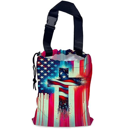 American Flag Cross Car Garbage Bag,Waterproof Small Car Trash Bag Hanging Back of Seat,Drawstring Hanging Car Trash Bag with Adjustable Buckle for Car Accessories