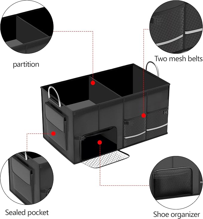Trunk Organizer for Suv with a Separate Compartment for 1 Pair of Shoes - Reinforced Handles, Waterproof, Collapsible, Multi-Compartment Car Trunk Organizer for Jeeps, Sedans - 72L