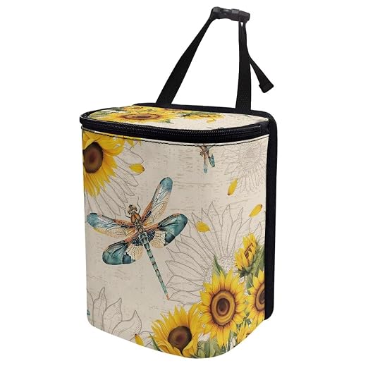 Car Trash Bin Collapsible Cars Organizers and Storage for Front Seat Multipurpose Trash Bag Automotive Garbage Can Cars Accessories Interior Car Organizer, Dragonfly Sunflower