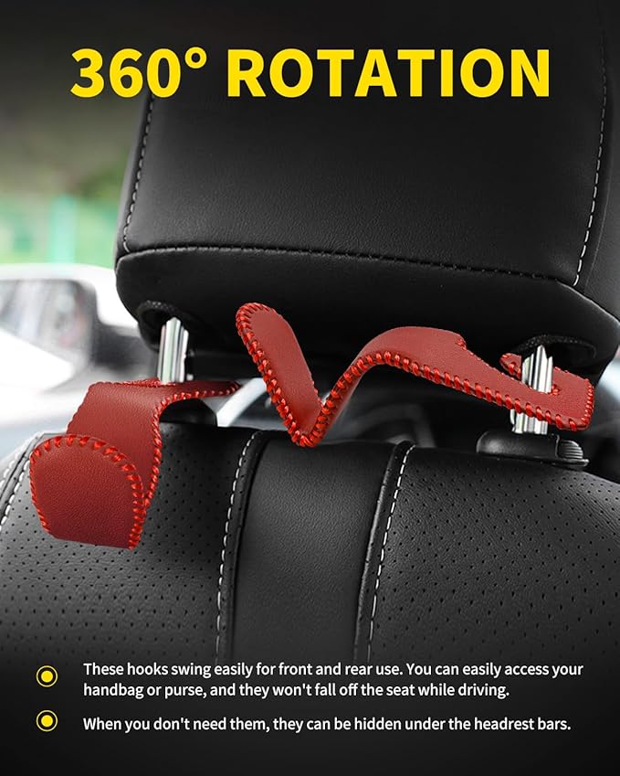 4 Pack Superior Leather Car Seat Headrest Hooks with 44 Pounds Load Capacity, Hangers Storage Organizer Universal Car Interior Accessories for Handbags Water Bottles Umbrellas, Red