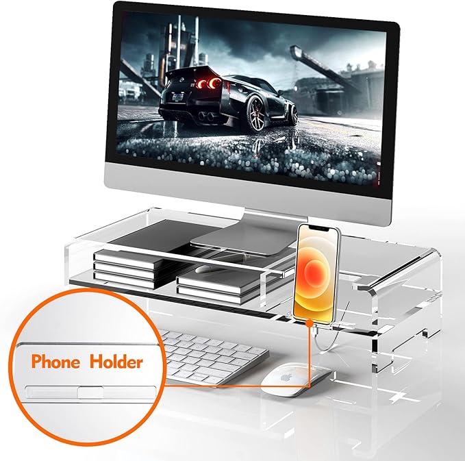 BEYGORM Acrylic Monitor Stand for Full Keyboard, 20" Wide 2-Tier Riser with Storage Shelf and Phone Holder, Desktop Organizer for Laptop, Printer, Screen (Clear)