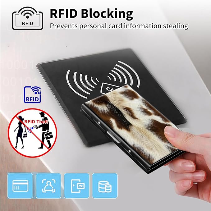 Metal Wallet,Credit Card Holder for Women Men,RFID Blocking Card Holder Wallet Mini Slim Aluminum Wallet ID Case Hard Card Case Business Card Holder Case,Brown White Fur Print