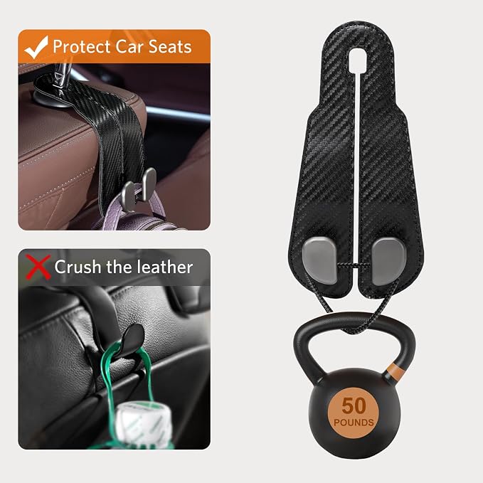 CoBak Headrest Hooks for Car - Universal Premium Stitched Leather and Aluminum-Magnesium Alloy Double Car Seat Back Storage Hook for Purses, Handbags, Bags (2 Pack),Black Carbon Fiber