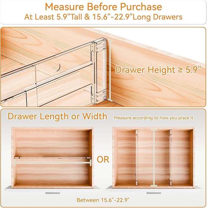 Yieach 12 Pack Clear Acrylic Drawer Divider 6 Inch High,Expandable from 14-20'',Adjustable Dresser Drawer Dividers for Baby Clothing,Underwear and Sock,Separators,Deep Drawer Separators for Kitchen