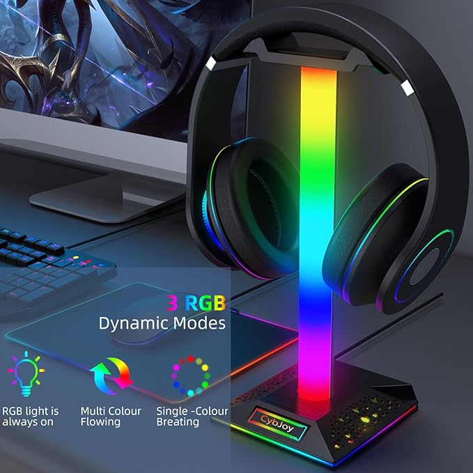 Gaming Headphone Stand PC Accessories - RGB Headset Stand with 2 USB and 1 Type-C Ports, LED Headphone Stand Gift for Boys Men, Computer Game Accessories for Desk