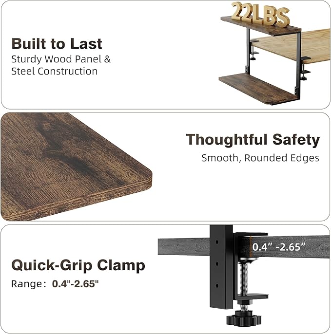 2-Tier Desk Extender, 22-inch Clamp-On Desk Shelf, Height-Adjustable Desktop Shelf Organizer for Monitors Office and Gaming Accessories, Arm Support Table Extension, Dark Brown