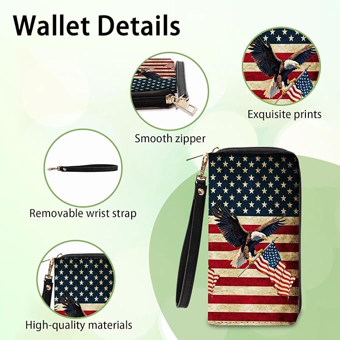 American Flag & Eagle Wallet for Women - Slim PU Leather Patriotic Wallet with Cash Zipper Coin Purse, Small Credit Card Holder Travel Wallet, Wristlet Wallets for Female Ladies Men